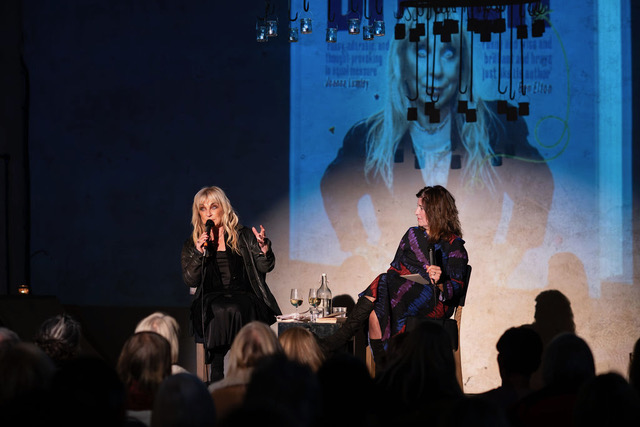 Alison Martin interviewing Helen Lederer on stage
